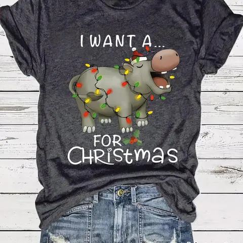 Women's Christmas Themed Hippo Print Round Neck Tee, Casual Fashion Short Sleeve T-shirt for Summer, Ladies Clothes for Daily Wear