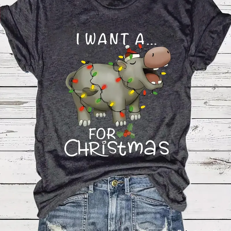 Women's Christmas Themed Hippo Print Round Neck Tee, Casual Fashion Short Sleeve T-shirt for Summer, Ladies Clothes for Daily Wear