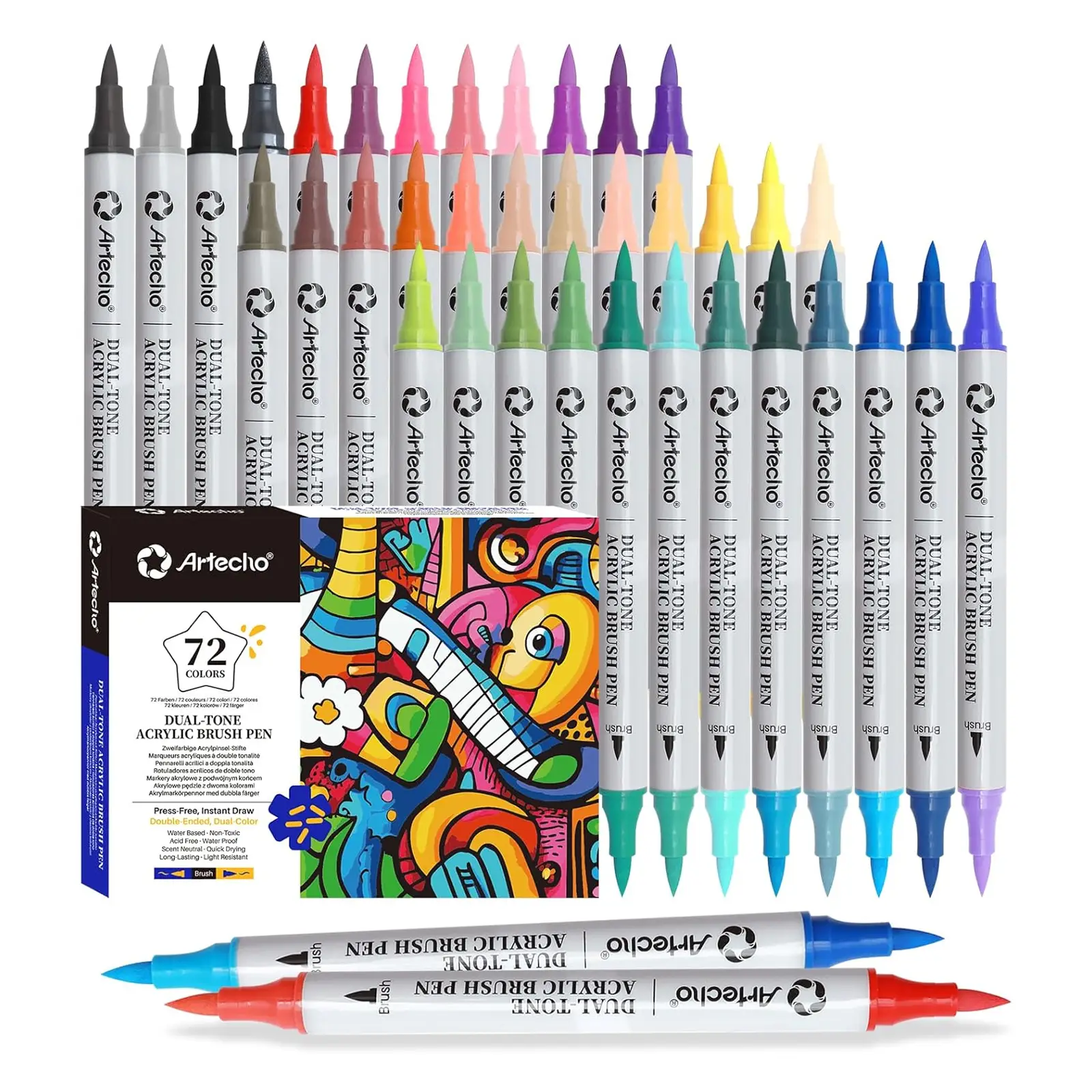 Artecho Dual Tone Acrylic Paint Pens 72 Colors Brush Tip for Drawing Coloring Painting on Pumpkin Glass Paper Wood Water-Based Ink Quick Drying Waterp
