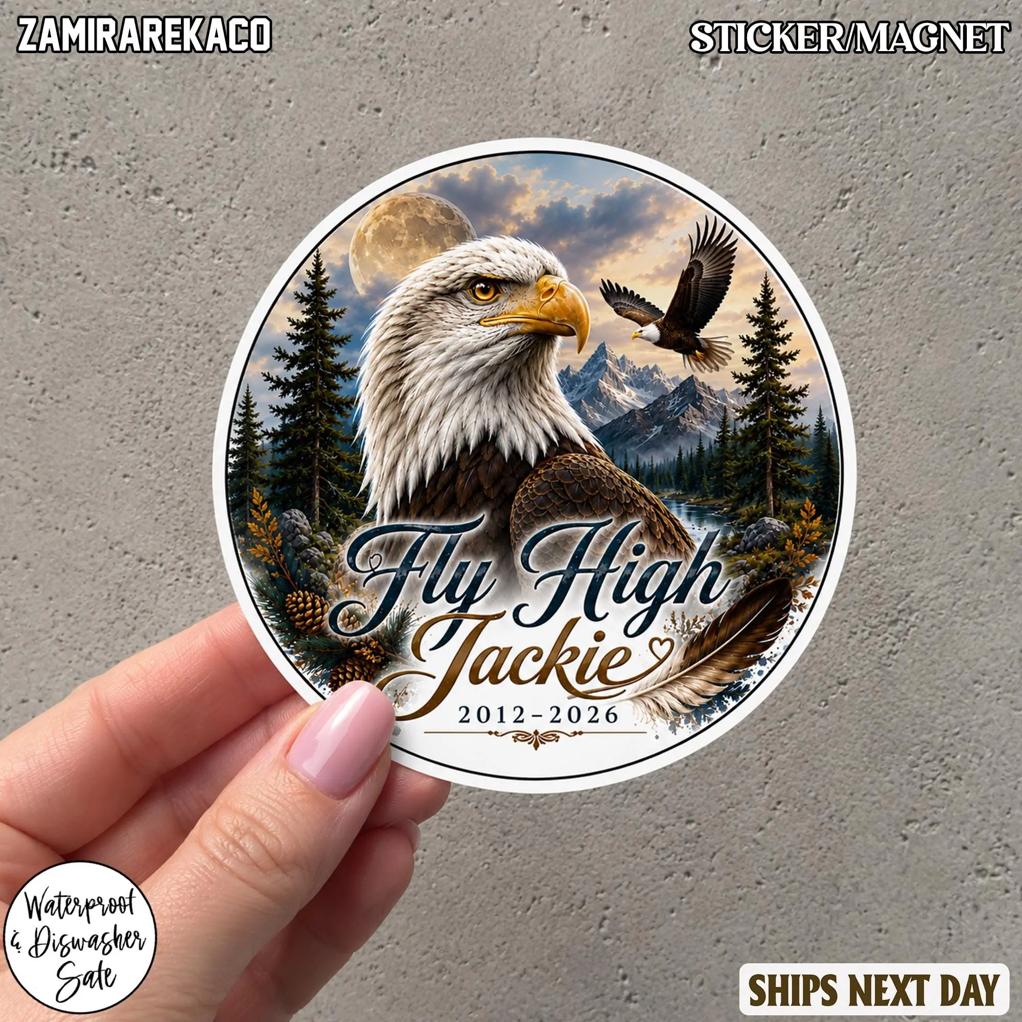Fly High Jackie Sticker HG , Big Bear Eagle Memorial Decal, Bald Eagle Tribute Sticker, Jackie the Eagle Gift