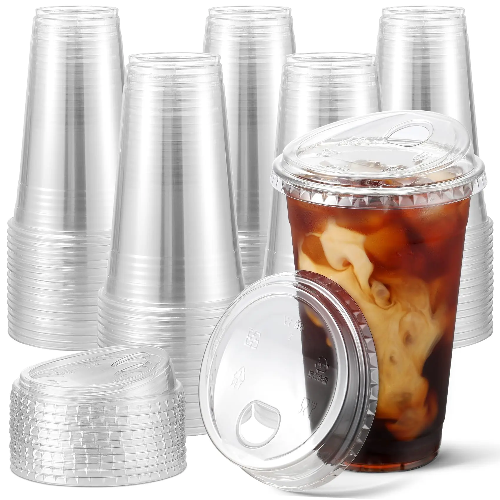 100 Sets Crystal Clear 16Oz Plastic Cups With Strawless Sip-Lids, BPA Free Disposable Plastic Cups with Lids, To Go Cups for Iced Coffee, Smoothies, Party Drinks, Bubble Tea, Cold Beverage