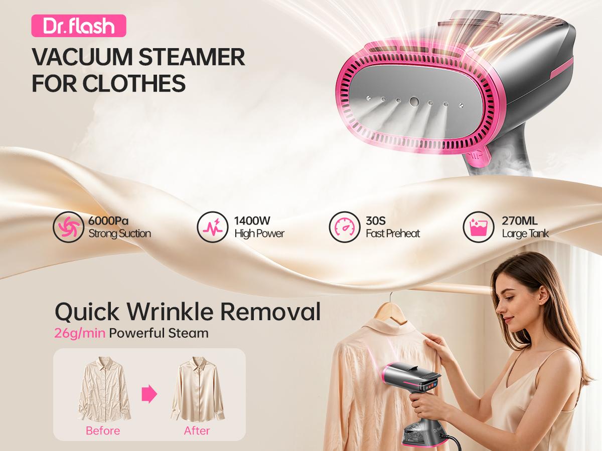Dr.flash Vacuum Garment Steamer, Suction Steamer &Iron 2 In 1,270ml Big Capacity, 1400W Handheld Clothes Steamer, Portable Travel & Household Iron for Clothes, Fabrics, Large Cerannic Heat Panel Dr.flash Vacuum Garment Steamer, Suction Steamer &Iron 2 In 1,270ml Big Capacity, 1400W Handheld Clothes Steamer, Portable Travel & Household Iron for Clothes, Fabrics, Large Cerannic Heat Panel
