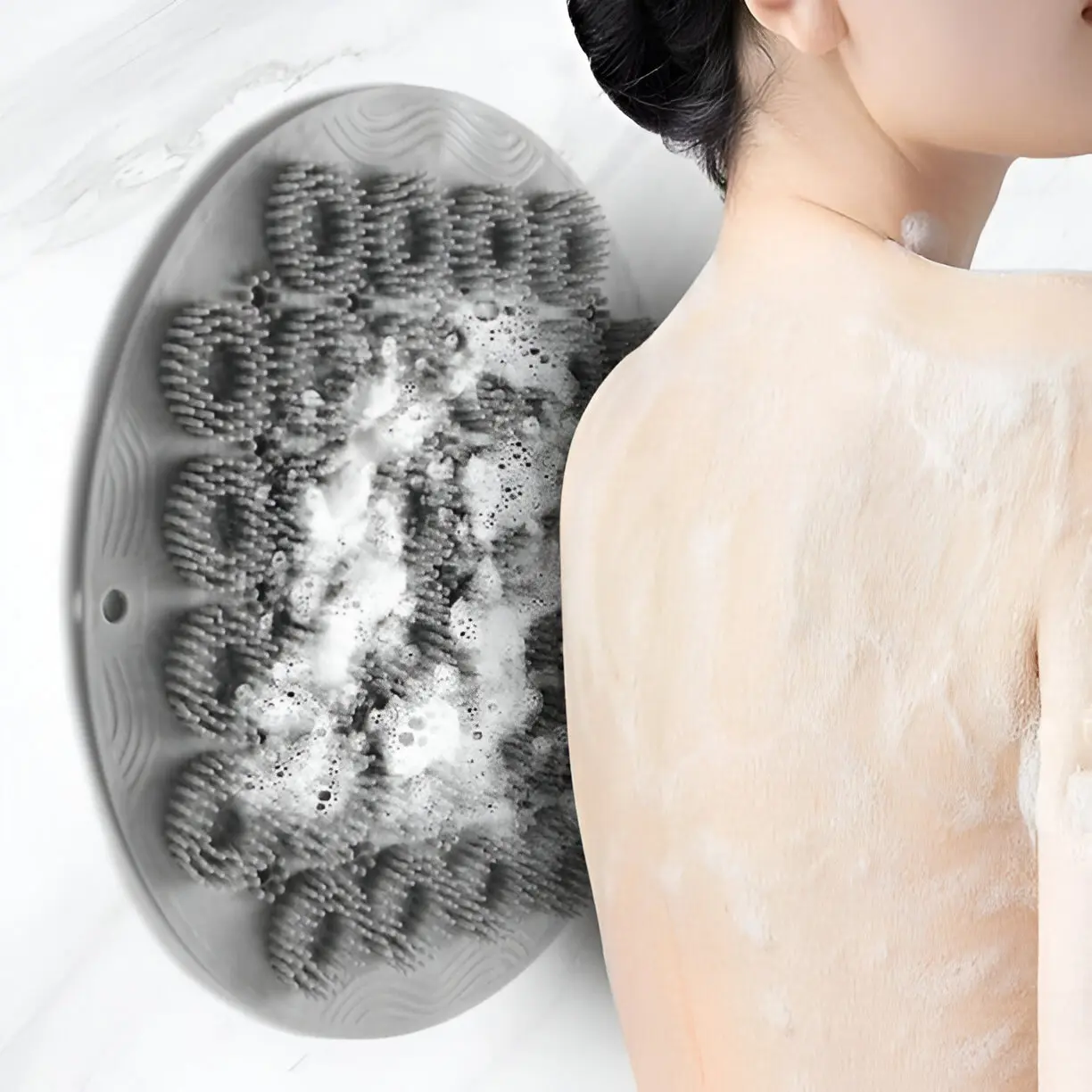 Nazarians Wall-Mounted Silicone Shower Scrubber- Hands-Free Back & Foot Body Scrub with Suction Cups, Gray - Gentle & Effective Bathroom Scrubber for Men & Women - Durable Design for Daily Shower Use