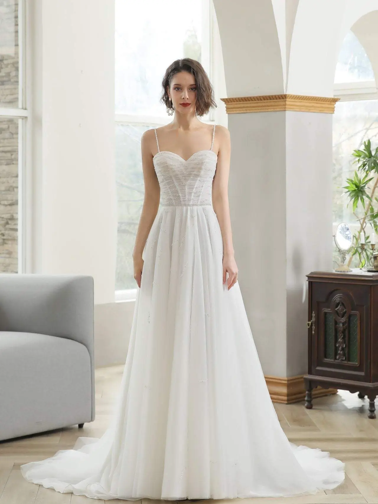 Avery A-Line Organza Wedding Dress with Ruched Bodice and Pearl Beads, Sleeveless Women's Bridal Outfit with Chapel Train and Zip Closure, Made-To-Order, A-Line Cut, Organza Blend, Bead Pattern Wedding Dresses, Custom Tailoring Wedding Dresses