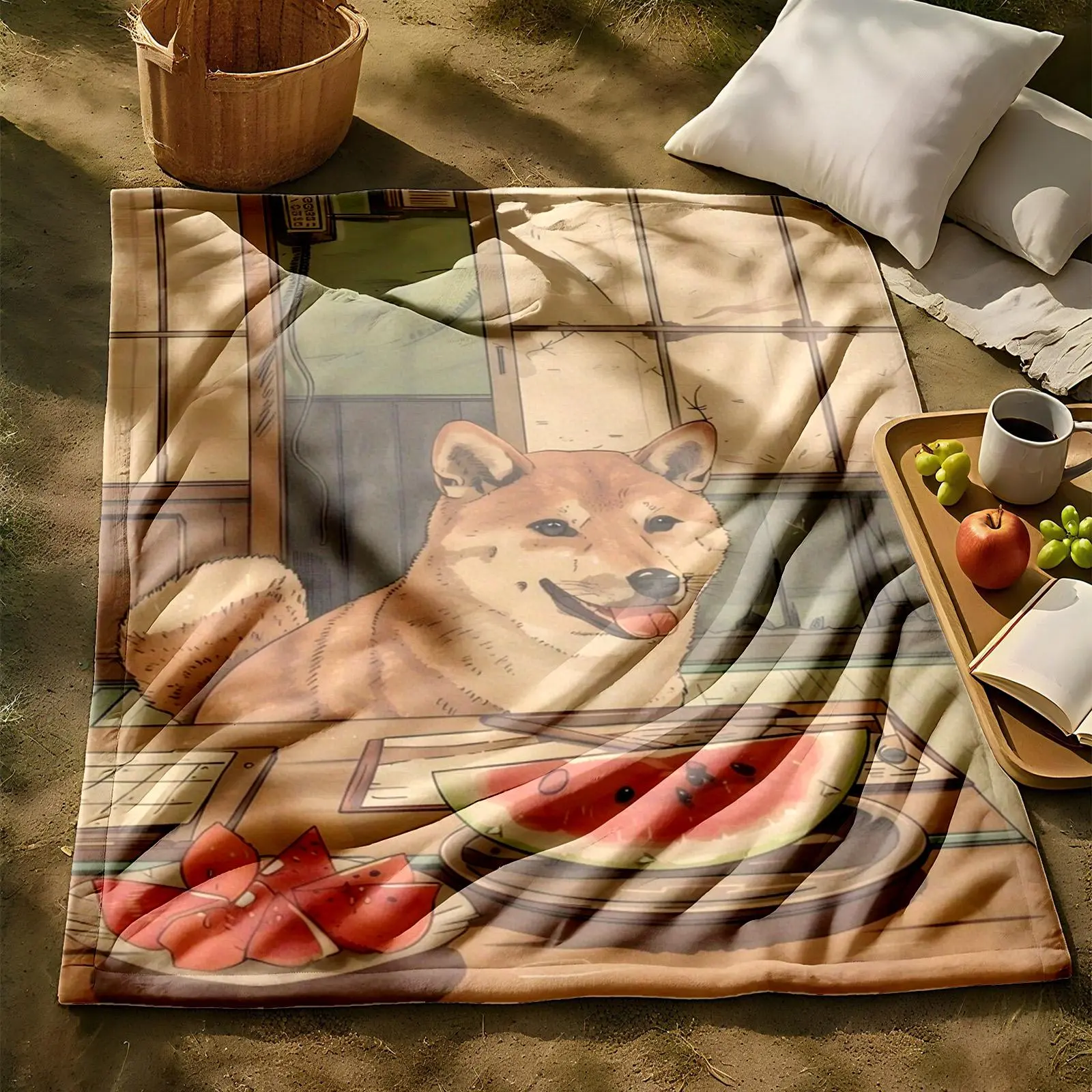 1 piece Shiba Inu's Cool Summer Watermelon Time themed flannel blanket - Modern design flannel blanket, suitable for sofas and beds, all-season use, super soft and comfortable, digital printing, 100% polyester material, machine washable, suitable
