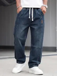 Men's Elastic Waist Drawstring Jeans, Deep Wash Loose Straight Leg Pants, Street Style Casual Denim Trousers, All Seasons Fitted Jeans