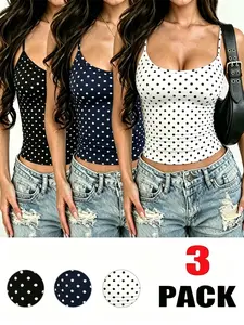 Women's Boho Polka Dot Tank Tops, 3-Pack, High Stretch Breathable Fabric, Yoga & Casual Wear, Multiple Colors Available