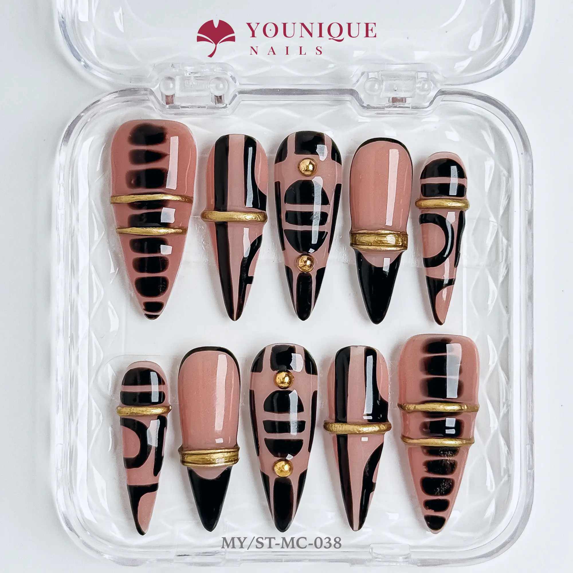 Younique Nails  | 10PCS 100% Handmade Press-On Nails | Reusable Colorful Art Glossy Design Acrylic Luxury Long Lasting 3D Stylish Office Wear Floral Embellished Rhinestone salon-quality