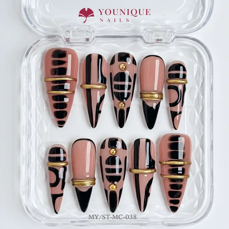 Younique Nails GOLD FRENCH Handmade Reusable False Acrylic Set Kit Luxury Glossy Press-On Salon Quality Fake Press On Tip Week Wear Soft Base Nude Design Stud Accent Ring Different Size Light Unique Look Art Ready Ultimate Creative Gift Fashion