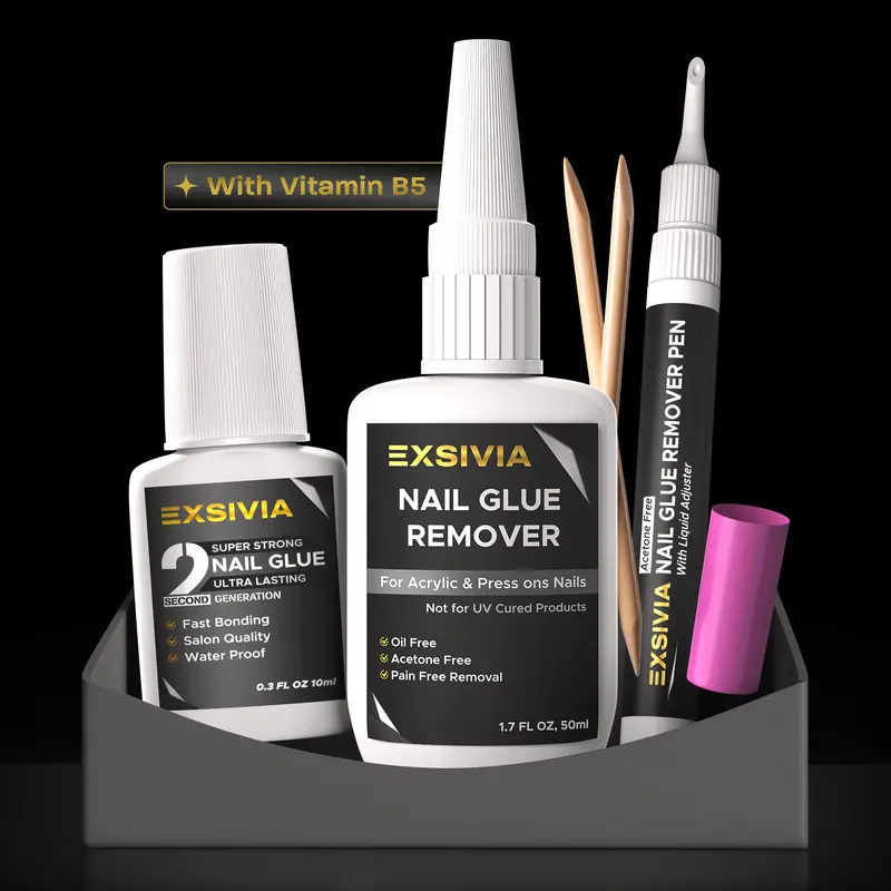 EXSIVIA Nail Fix Kit Set, Acetone-Free Nail Glue Remover, Brush-On Nail Glue & Refillable Remover Pen for Press-On Nails,halloween nails