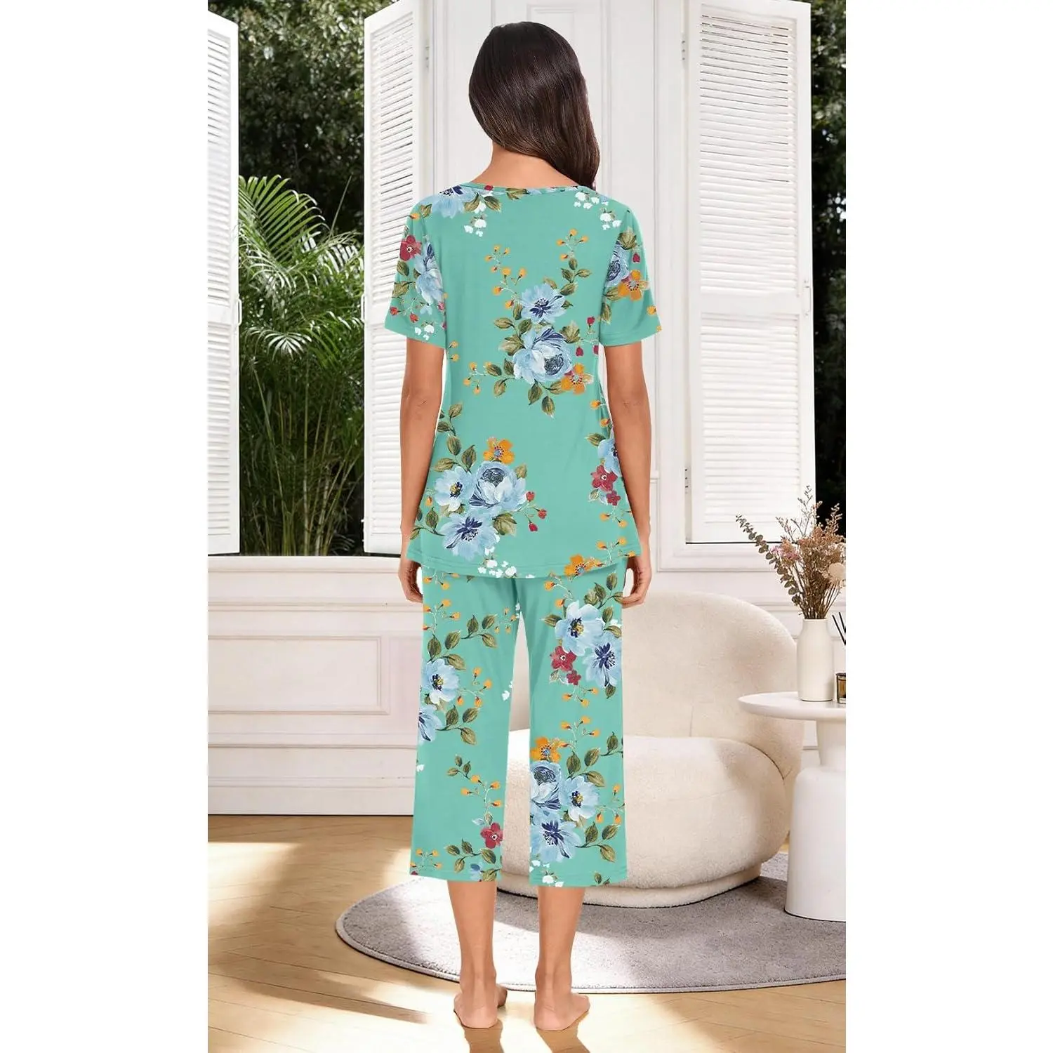 Women's Summer Capri Pajama Set - Short Sleeve Shirt and Pajama Pants 2 Piece Ladies Pjs Sets Comfortable Breathable Cotton Sleepwear Loungewear for Nightwear Home Wear Casual Soft Fabric Women's Summer Capri Pajama Set - Short Sleeve Shirt and Pajama Pants 2 Piece Ladies Pjs Sets Comfortable Breathable Cotton Sleepwear Loungewear for Nightwear Home Wear Casual Soft Fabric