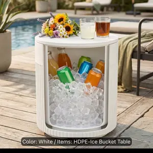 3-in-1 Outdoor-Ready Indoor/Outdoor Cooler Side Table, HDPE Patio Ice Bucket Table with Drain Plug & Storage, Portable Ice Chest Fits 24 Cans & Wine Bottles for Pool & Backyard