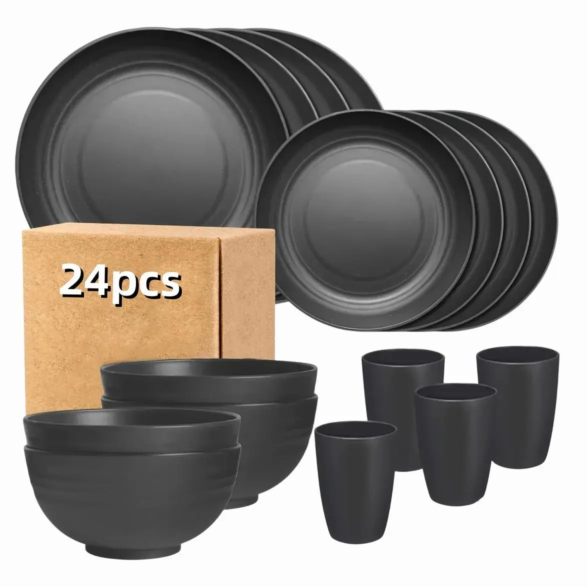 12/24/36 Wheat Straw Dinnerware Sets - Dishes, Reusable Plastic Plates, Dishwasher And Microwave Safe Plates And Bowls Sets, Bowls, Drinking Cups, Plastic Dishes for Camping, Party