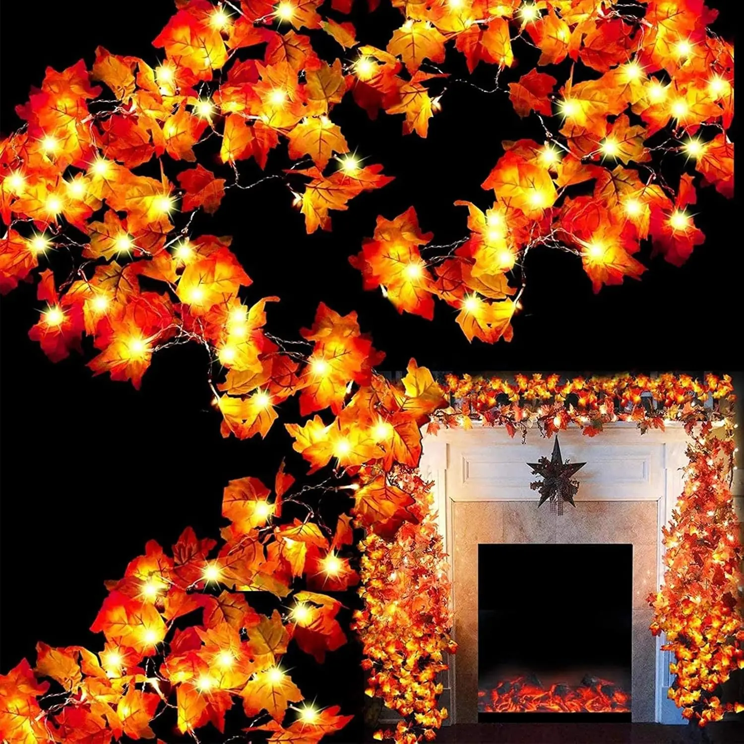 TURNMEON 6 Pack Fall Decor Enlarged Maple Leaves Garland 60Ft 120LED | Fall Decorations for Home, Battery Operated Fall Lights Waterproof Autumn Garland Halloween Thanksgiving Decor Indoor Outdoor