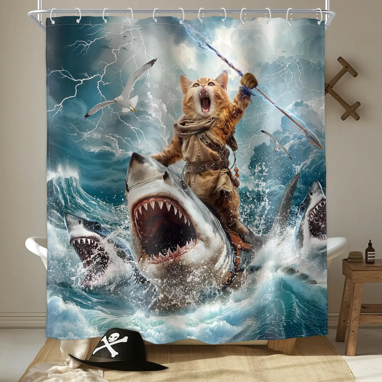 Funny Animal Shower Curtain, Cool Raccoon Riding Shark Theme Ocean Shower Curtain for Bathroom, Fun Nautical Kids Children Fabric Bath Curtain with 12 Hooks
