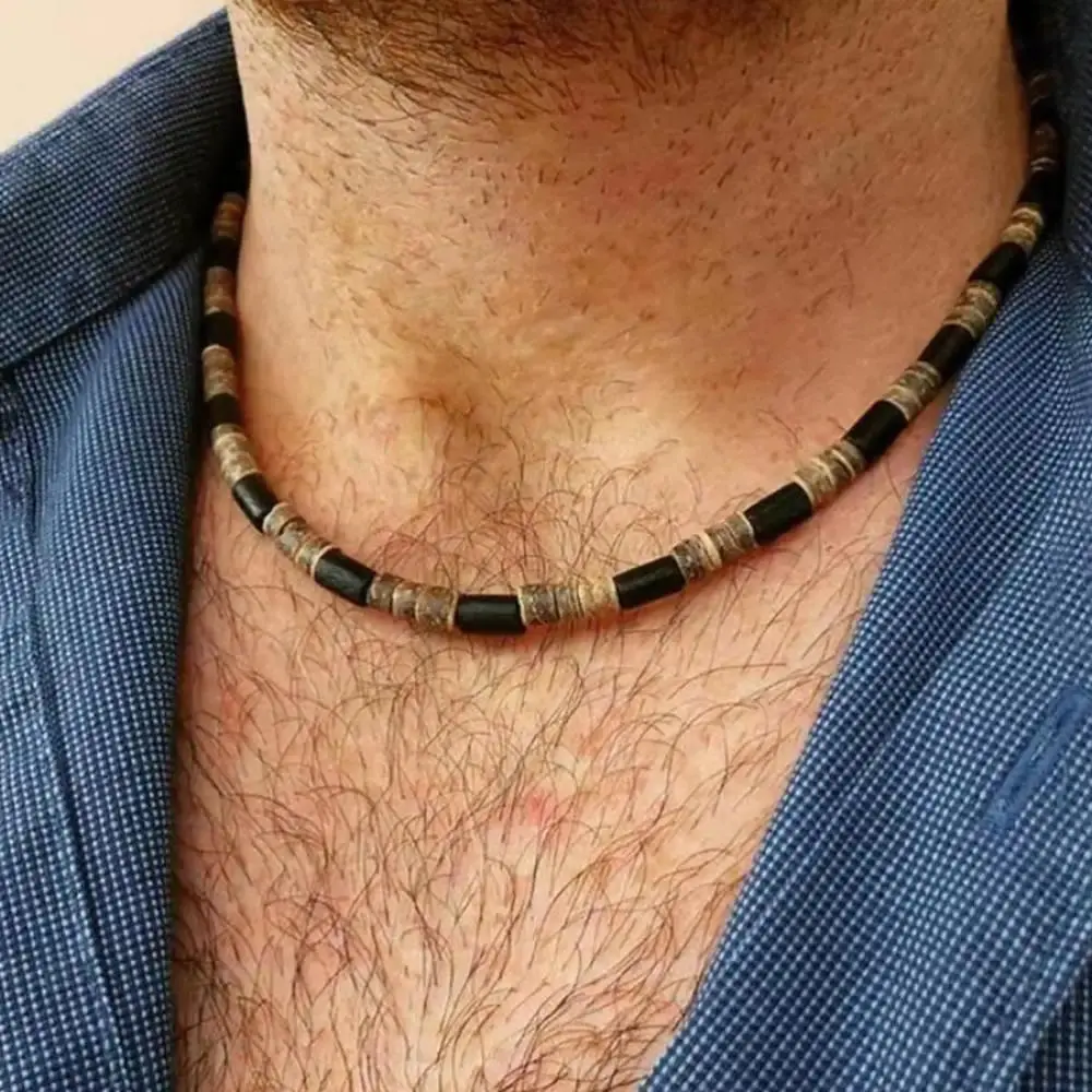 Men's Boho Beaded Necklace, Surfer Style Collarbone Chain with Coconut Shell & Wood Beads, Casual Trendy Jewelry, Beaded Necklaces