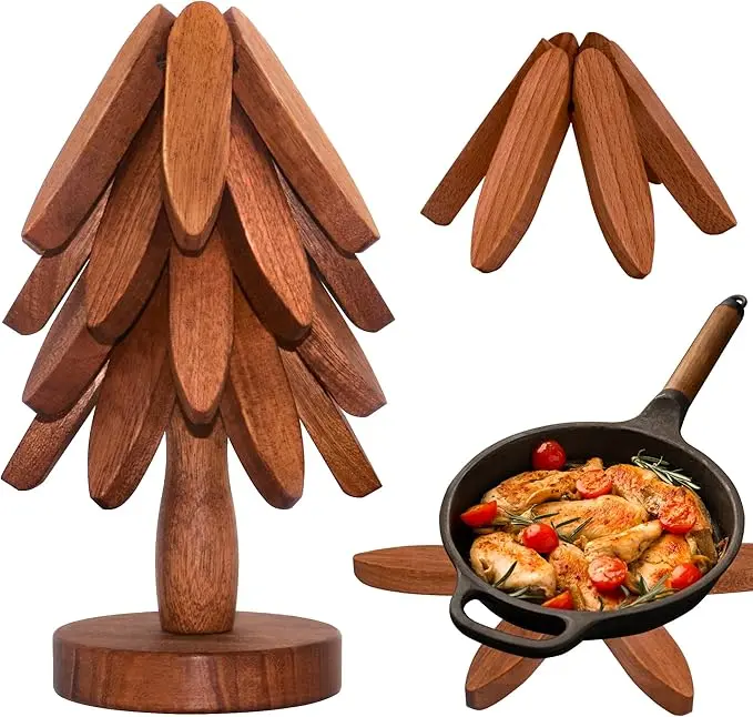 Natural Tree Trivet Set 4 Wooden Trivets &1Stand Heat Resistant Foldable Design Durable& High Quality Solid Wood Ideal for Hot Dishes,Pots, Bowls, Teapots Kitchenware & TablewareCoasters