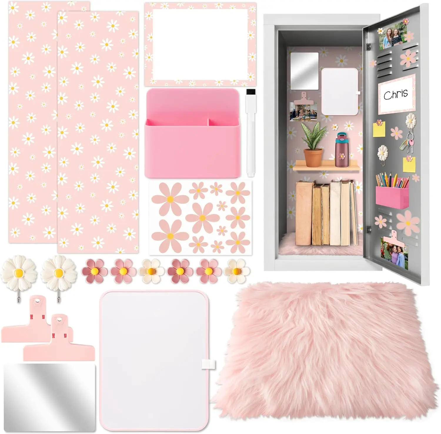 Beyumi Pink Locker Accessories Kit - Back to School Pink Daisy Locker Organizer Decoration Supplies for Kid Magnetic Wallpaper Pen Holder Whiteboard Marker Mirror Magnets Rug Classroom Accessories Kit BeYumi