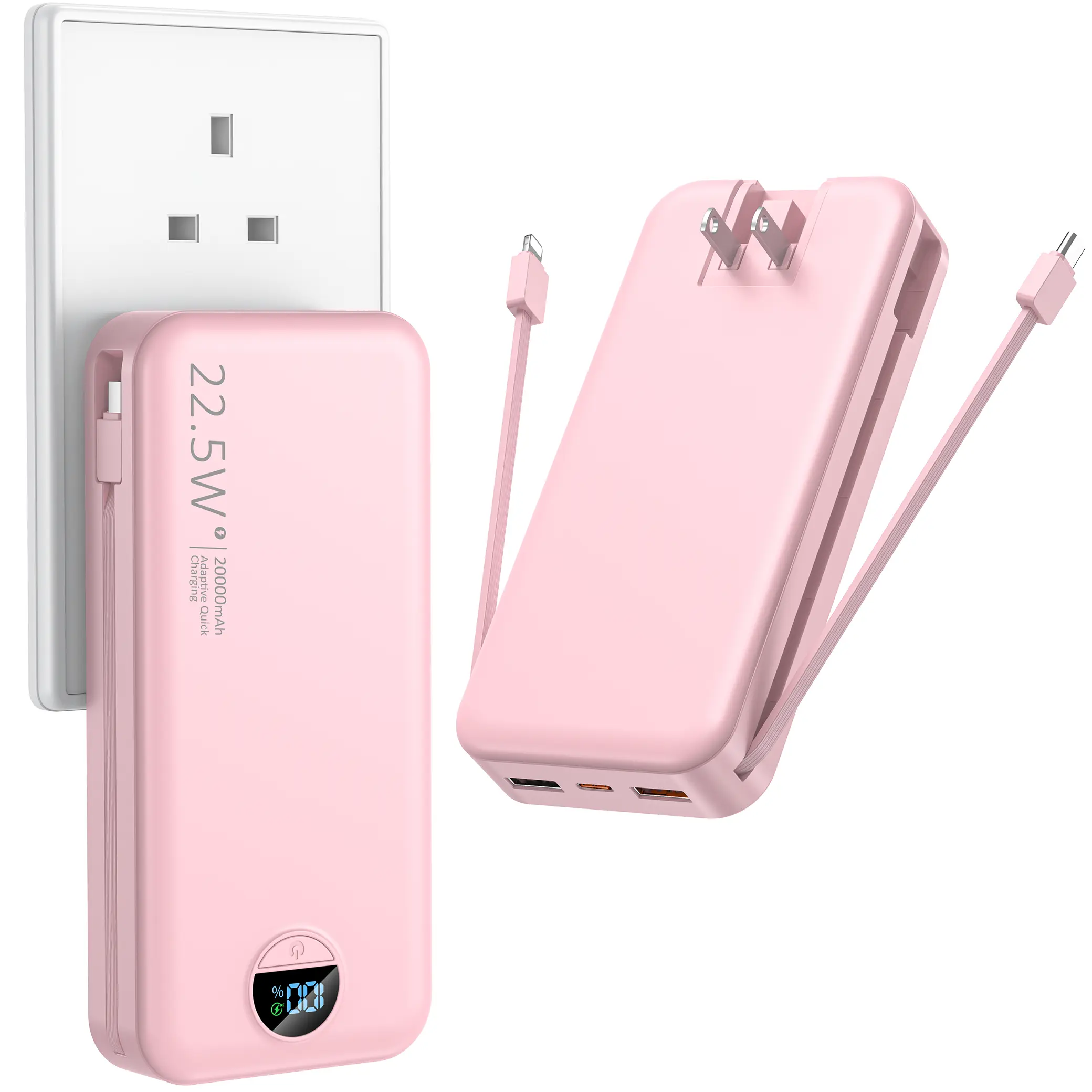 20000mAh Pink Chargeable Portable Power Bank - Built-in Wall Charger & Charging Cable, LED Display, 5 Outputs 2 Inputs, PD20W Fast Charging, Portable Charger for Smartphone & Digital Electronic Products, Outdoor Use summerwins,back to school