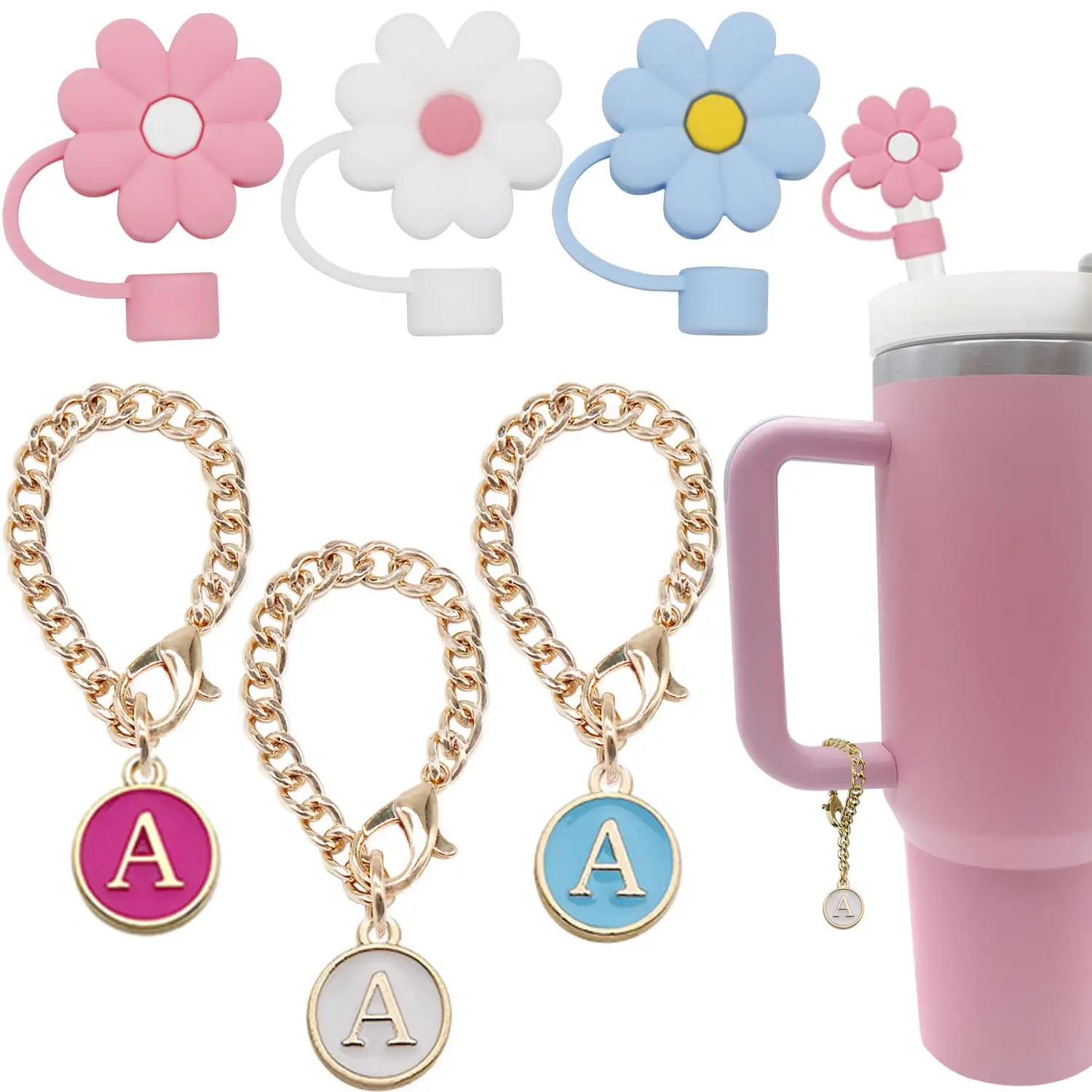 Drinkware Accessories, Including 3 Letter Charm & 3 Straw Cover, Reusable Straw Lid Protector for 30 & 40oz Tumbler Cups Water Bottle, Cup Accessories