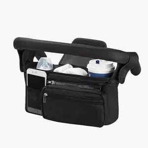 MomMed Universal Stroller Organizer, with Insulated Cup Holder Detachable Phone Bag & Shoulder Strap, Stroler Bag Caddy Organizer Accessories Fits for Uppababy, Baby Jogger, Britax Strollers