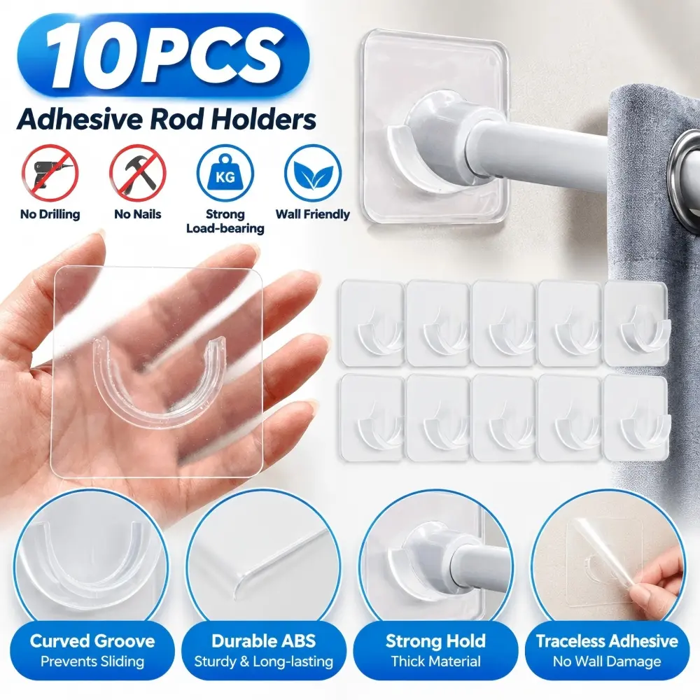 10 Pack No Drill Adhesive Curtain Rod Holders - Clear ABS Plastic Wall-Mounted Shower & Window Retainer with Strong Hold, Damage-Free Removal for Bathroom & Smooth Walls, Semicircular Holder, Durable Holder