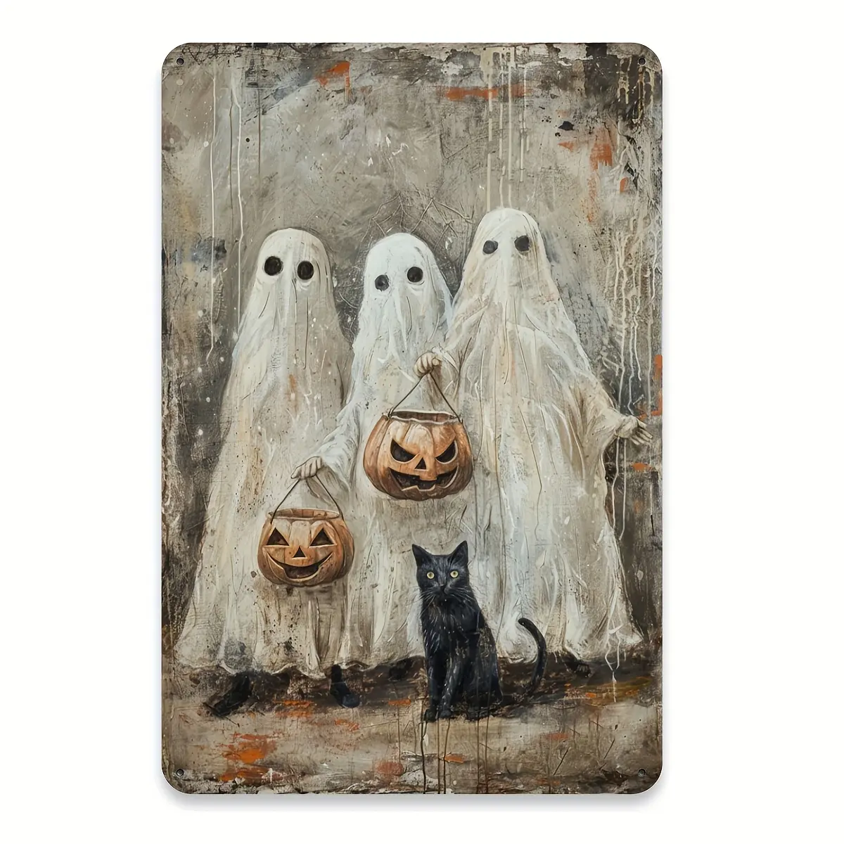 8x12 In Durable Iron Vintage Spooky Hangable Pumpkin Lantern & Ghost Metal Tin Sign - Universal Indoor Easy-to-Hang Halloween Home Decor for Cafes
