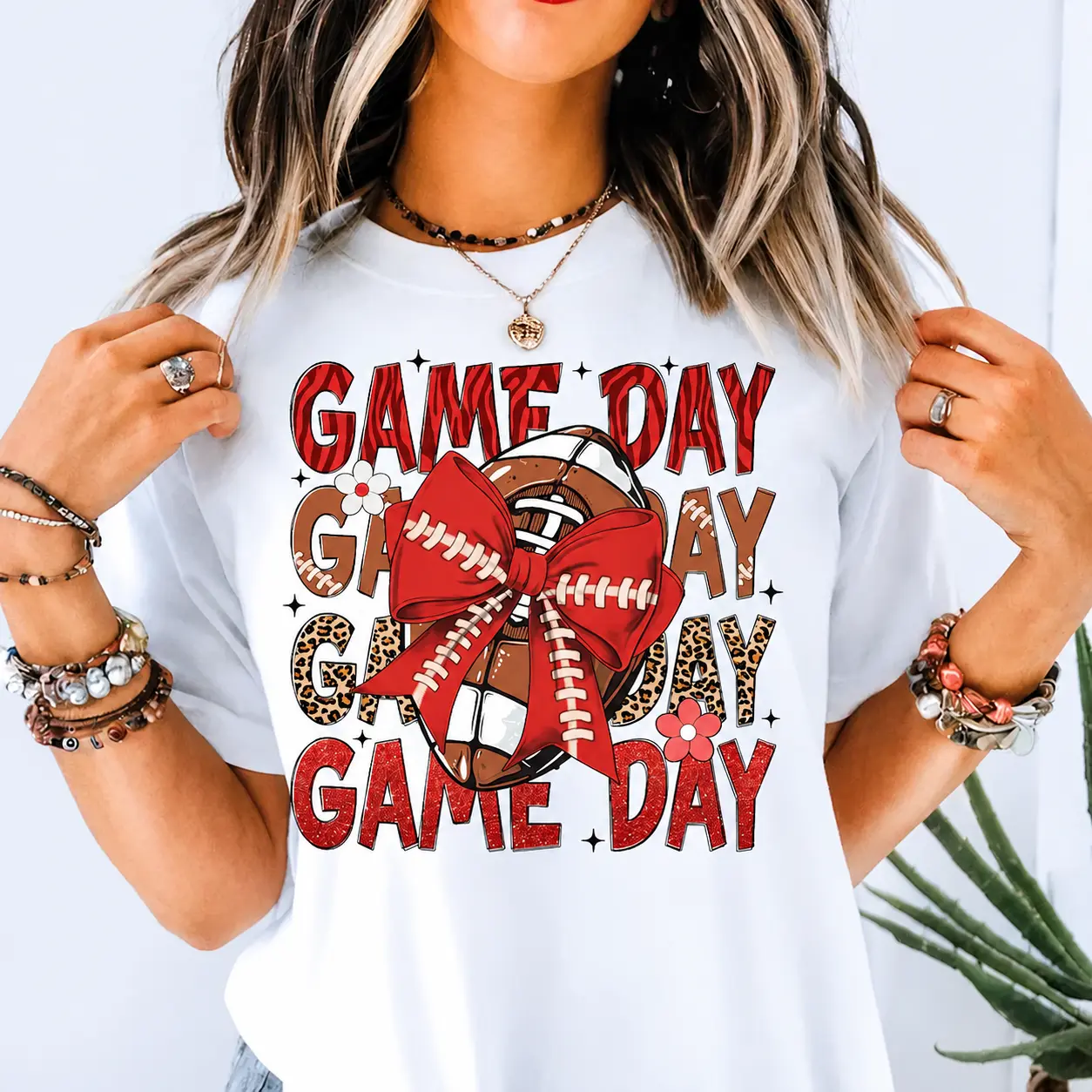 Game Day 100% Cotton Women’s T‑Shirt, Cute Coquette Bow Football Graphic Top, Pure Cotton Leopard/Cheetah Patchwork Outfit, Trendy Autumn Sports Lifestyle Women’s Clothing
