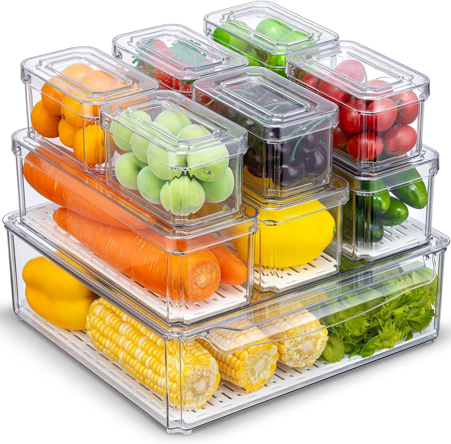 BPA-Free 10-Pack Stackable Refrigerator Organizer Bins with Lids - Clear Deep Freezer Organizer, Fridge Drawer for Kitchen Food, Drink Storage