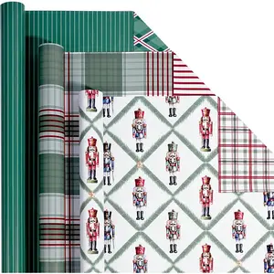 Reversible Christmas Wrapping Paper Mini Roll, 3 Rolls 17" x 120" , Featuring Northfolk Pine Nutcracker Soldiers, Plaid, Stripes and Argyle Patterns, Ideal for Christmas, Holiday, Winter Parties