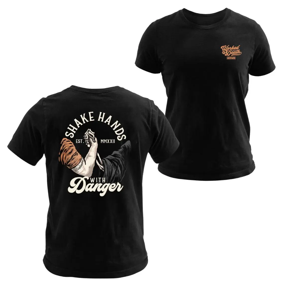 WORKED TO DEATH Shake Hands With Danger Skeleton Tattoo Handshake T-Shirt Funny Tradesman Risk Taker Graphic Tee Blue Collar Black