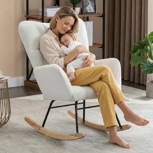 Nursery Rocking Chair Teddy Upholstered Glider Rocker Rocking Accent Chair Padded Seat with High Backrest Armchair Comfy Side Chair for Living Room Bedroom Offices