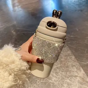 Sparkling Rhinesne-Encrusted Stainless Steel Insulated Tumbler with Straw - Large Capacity, Glittery Rabbit Ear Design, White & Golden Accents, Perfect for Coffee and Tea, Coffee Travel Mug Drinkware Flasks