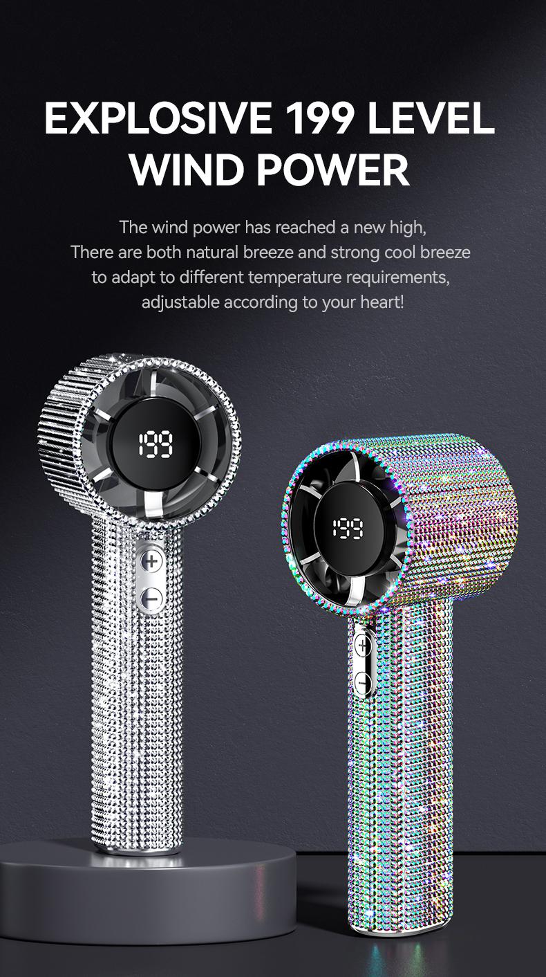 Diamond-Shimmering Luxury Fan-A Portable Handheld Turbo Fan 3 Gear Wind Rechargeable Long Battery Life Hand Fan With Digital Display For Outdoor Activities Travel Office Strong Boosting Output Long Distance Blowing