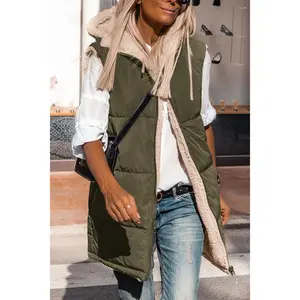 Women's Warm Reversible Vests Sleeveless Fleece Basic Jacket Zip Up Coat Long Outerwear With Pockets And Hoodie Casual Outfit