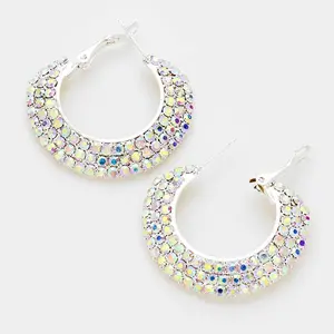 Three Row AB on Silver Rhinestone Hoop Earrings | 1.5" | 321918