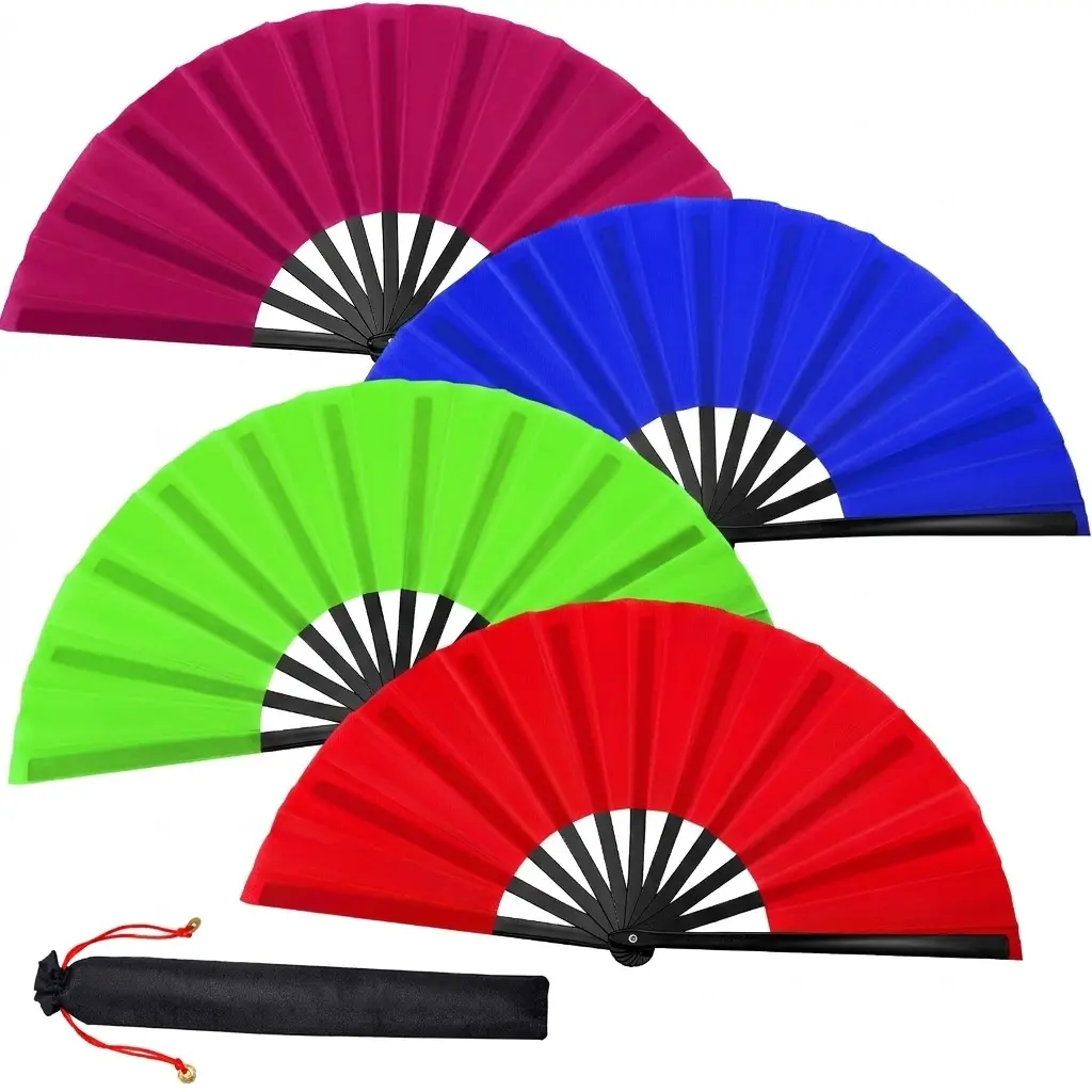 4 Pcs 13 Inch Folding Hand Fans with 4 Sleeves, Chinese Kung Fu Clack Fans, Classic Style Portable Fans for Line Dancing, Performance, Festival & Party Decor, Blue Rose Red Green Red