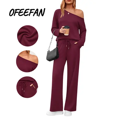 OFEEFAN Women‘s Off the Shoulder Long Sleeve Jumper & Pants, 2 Piece Set Casual Fashion Set Fall Basic Sweatsuit Outfits, Jumper Suit, Womenswear, Sweatshirt, Clothes, Lady