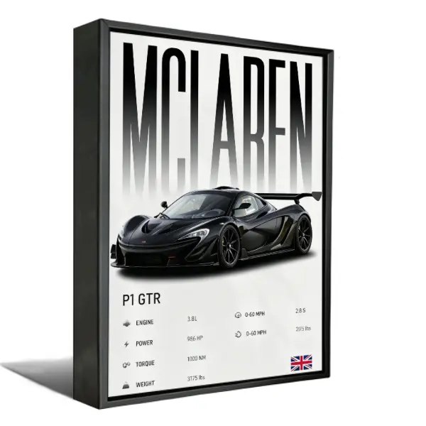 McLaren P1 GTR Hypercar Spec Poster, Modern Supercar Wall Art for Man Cave & Teen Room Decor