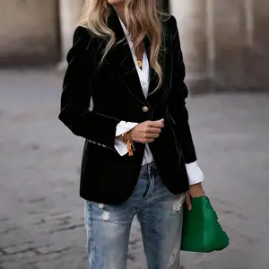 Elegant Velvet Blazer for Women, Single-Breasted Lapel, Slim Fit, Office Wear, Spring/Autumn