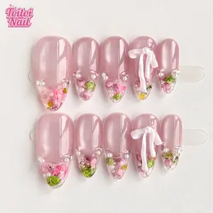 Jelly Bow Handmade Press-On Nails, Stylish Acrylic Nails, Medium Almond Shape, 10pcs, Sweet Design, Jelly Pink Base, 3D Fresh Flower, Pearl Rhinestone, Satin Bow, Reusable DIY Nail Kit for Women, Trendy Nails for Spring, Summer, Dates
