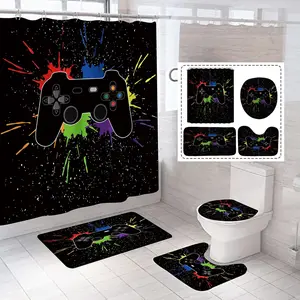Video Game Shower Curtain Set – 4-Piece Bathroom Decor with Controller Design, Waterproof Polyester, Anti-Slip Mat & Toilet Cover, 12 Hooks, 72x72, Colorful Gamer Bathroom