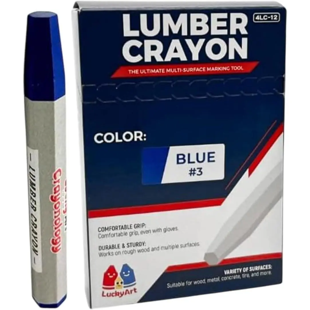 Lumber Crayons - Blue, Pack of 12 | Hexagonal Grip Anti-Roll Shape Surface Marking Crayons for Concrete, Asphalt, Metal | Durable, Smudge-Free, Break-Resistant Bold Colors Office Stationery