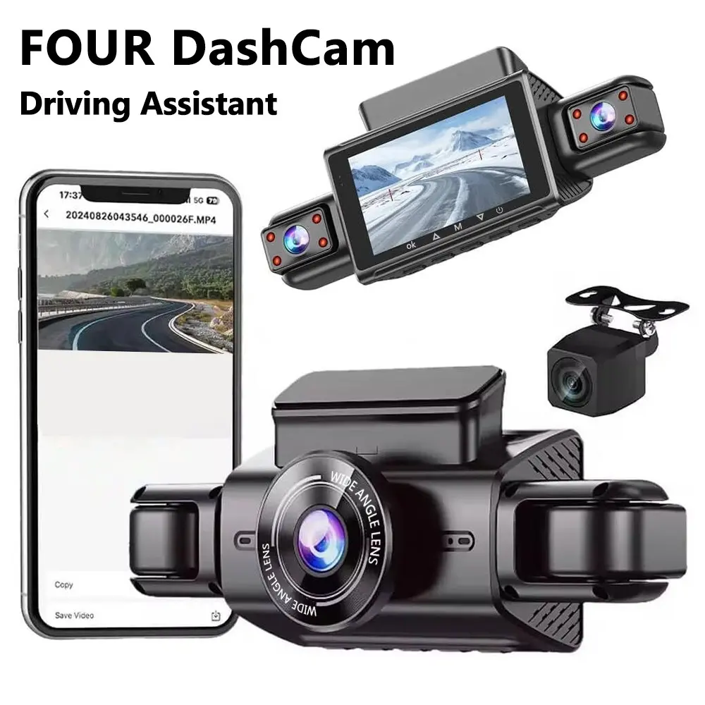 1080P HD Dash Cam 4 Channel WiFi, 360° Full Coverage Car Camera with Night Vision, G-Sensor, 24/7 Parking Mode & Loop Recording - for Driving Safety, Accident Evidence, Front/Rear/Inside/Outside Surveillance