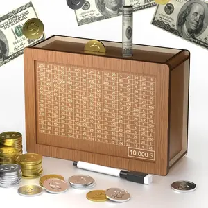 1pc 10,000 Savings Challenge Box, Wooden Cash Vault with Number Tracker & Erasable Pen, Kakeibo Money Saving Box for Adults & Kids