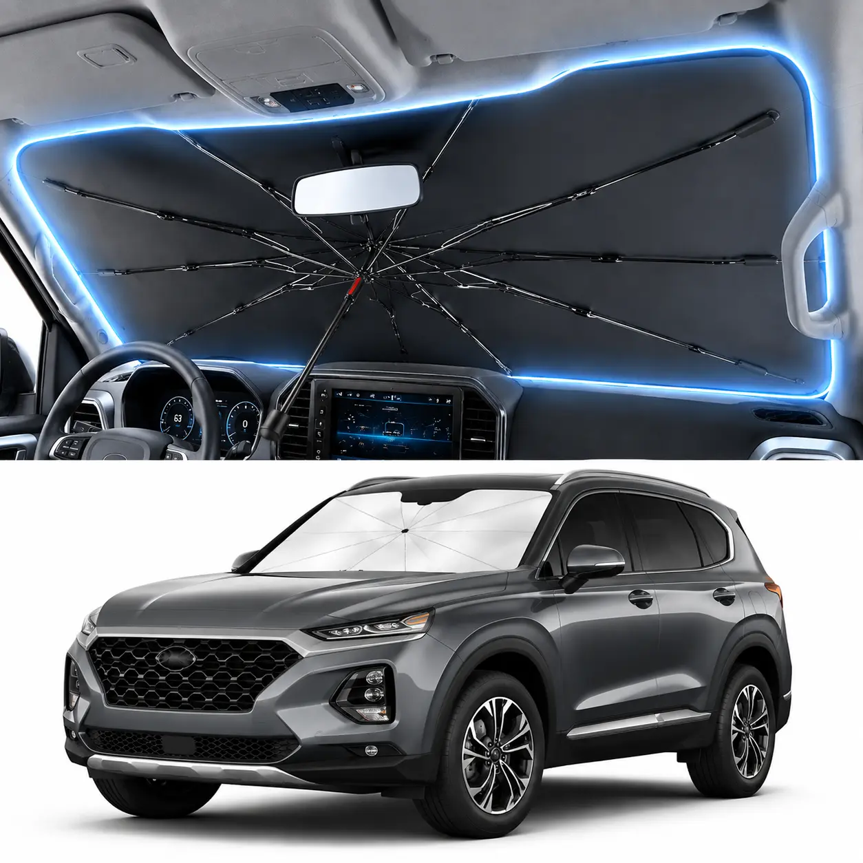 Upgraded Car Windshield Sun Shade Umbrella for SUV Truck Sedan, Foldable Front Window Sunshade Heat Blocker UV Protection Interior Cooling Cover