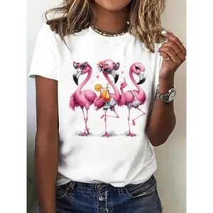 Wo Y2K Tropical Flamingo Print T-Shirt - Vibrant Pink And Pastel Pink Short Sleeve Round Neck Top, Lightweight/Elastane Blend, Machine Washable Casual Summer Beach Party Outfit, All-Season Versatile Casual Attire With Flamingo And Palm Tree Design