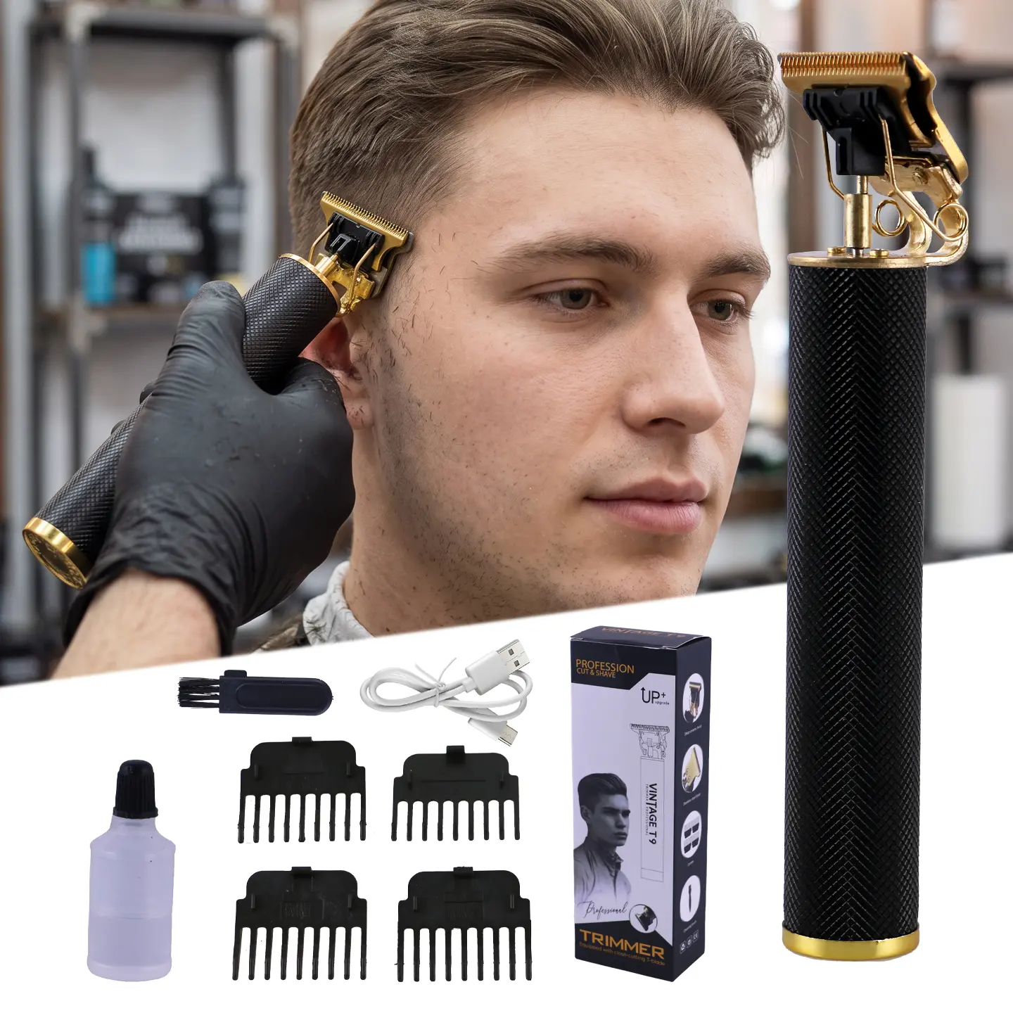 Vintage T-Blade Men's Hair Trimmer, 0-Gapped Cordless Electric Beard Trimmer, Rechargeable USB Barber Clipper Kit with 4 Guide Combs for Professional Home Salon Hair Line Edging & Bald Head Shaving