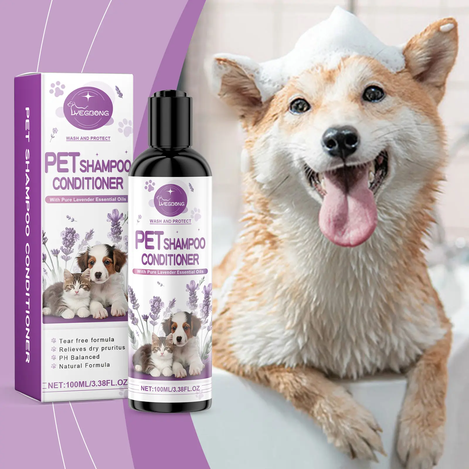 Lavender Liquid Dog Shampoo & Conditioner Set, 100ml Coconut Oil-Infused, Hypoallergenic Vegan Formula, Tearless, Sensitive Skin-Safe, pH Balanced, Natural Blend, Soothing Scent, Deeply Cleans the Hair, Odor Control, Softens Fur for Puppy Grooming