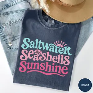 Comfort Colors Saltwater Seashells and Sunshine T Shirt, Coastal Summer Beach Tee, Vacation Outfit, Ocean Lover Shirt, Seaside Aesthetic Graphic Tee